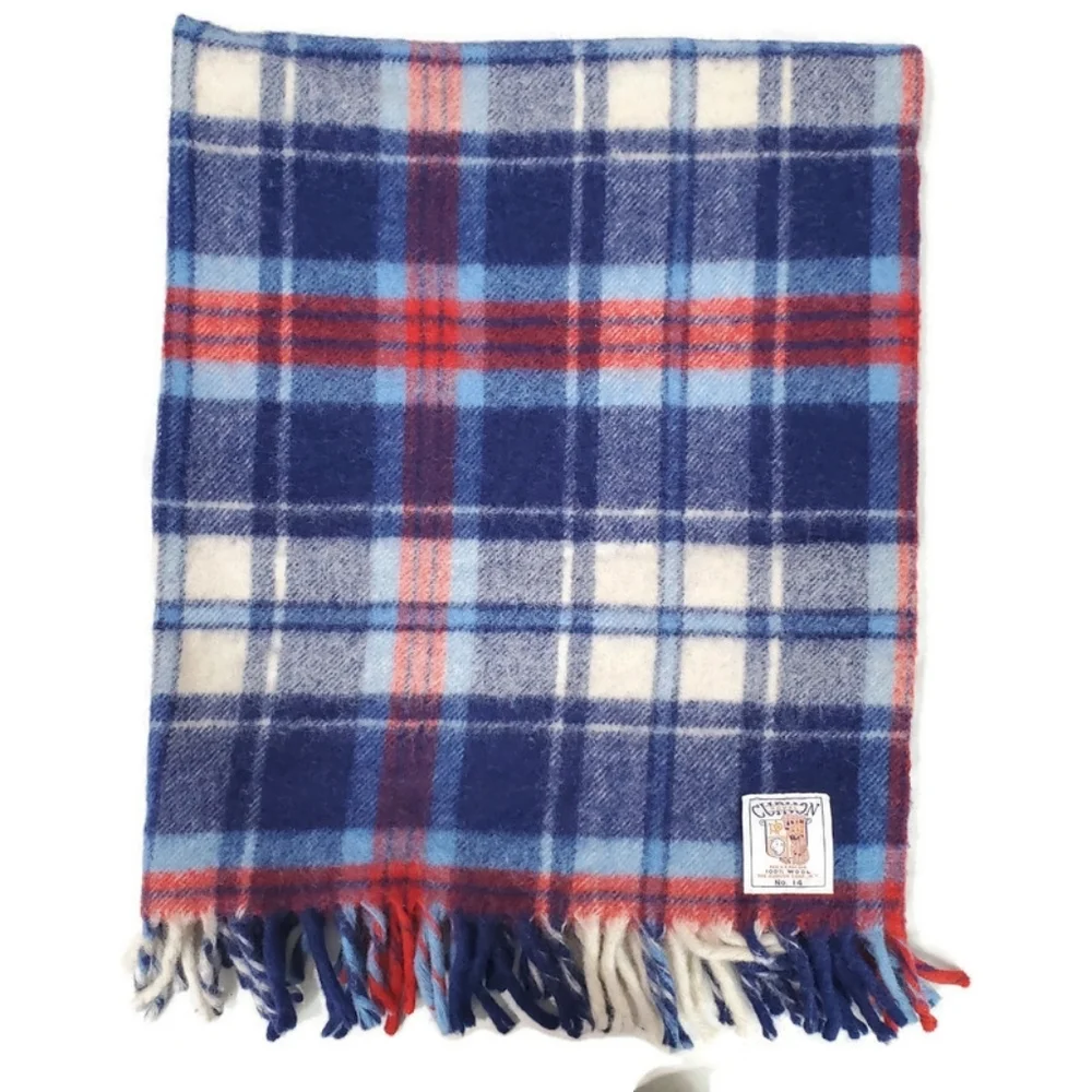 Vintage Curvon Royal Pure Wool Blue Plaid Lap Blanket 34.5